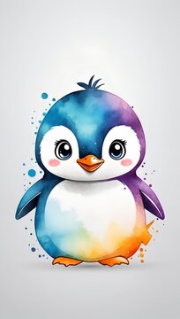 Colorful watercolor cute penguin portrait illustration on a white background, funny doodle penguin