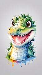 Colorful watercolor cute Crocodile portrait illustration on a white background