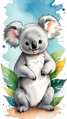 Colorful watercolor cute Koala bear portrait illustration on a white background