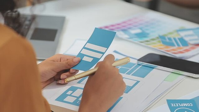 Website designer Creative planning application development draft sketch drawing template layout framework wireframe design studio . User experience concept .