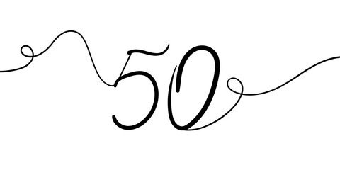 Number 50 line art drawing on white background. Anniversary 50th birthday continuous drawing contour. Minimal vector illustration