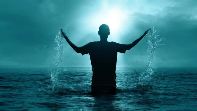 Ocean Silhouette Of Man In Praise Worship In Water Under Sun 4K Christian Worship Video Background Motion Loop Religious Church Footage Backdrop Wallpaper Used In Christianity