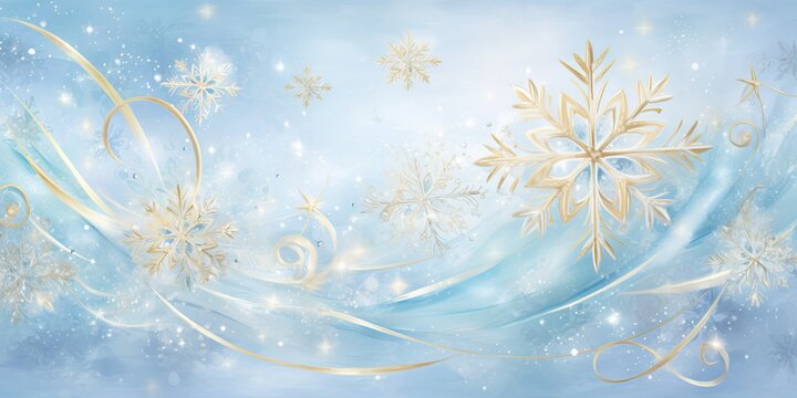 Ethereal Winter Elegance, golden snowflake on blue background 