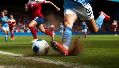 Intense women’s soccer game action, perfect for sports promotion and gender equality themes.