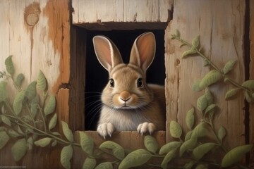 Curious bunny spying. Generative AI - obrazy, fototapety, plakaty