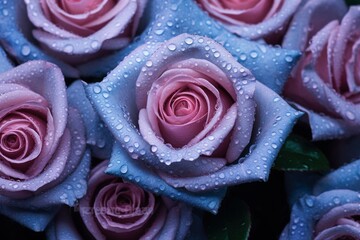 Close-up of water-covered roses. Generative AI