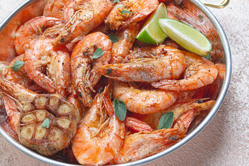 fried tiger prawns, with spices, homemade, top view,