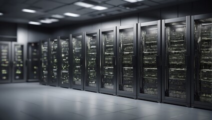 A rack of servers situated in a chilled storage area, utilized for the purpose of mining Bitcoin on the blockchain