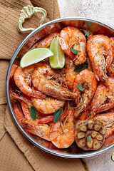 fried tiger prawns, with spices, homemade, top view,