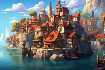 An artistic portrayal of a coastal town with imaginative and vibrant cartoon-style visuals, ideal for wallpapers, story backgrounds, and card designs. Generative AI - obrazy, fototapety, plakaty