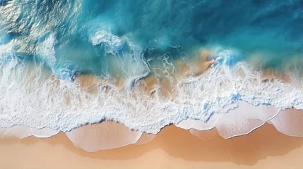 Foto op Plexiglas Beautiful sandy beach and soft blue ocean wave from top view , Summer seascape background. © Thanaphon
