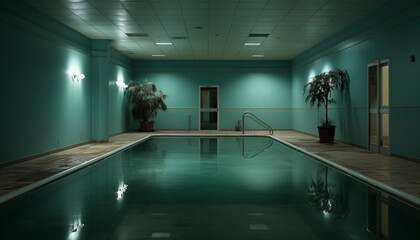 Green-toned retro hotel interior with water spilling out of the aisle