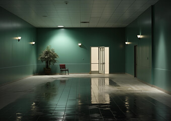 Green-toned retro hotel interior with water spilling out of the aisle