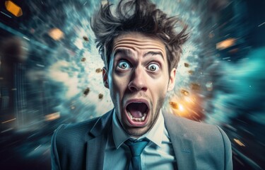 Shocked young adult male with a surreal speed effect background. Ideal for articles on stress management, fast-paced lifestyles, or surprise marketing campaigns.