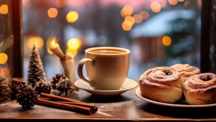 Obraz na płótnie Canvas Cozy winter scene with hot beverages and cinnamon rolls, perfect for holiday marketing. Ideal for cafés or food blogs to illustrate a warm, inviting atmosphere during the holiday season.