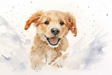 A happy dog enjoys winter games in the fresh snow in the park