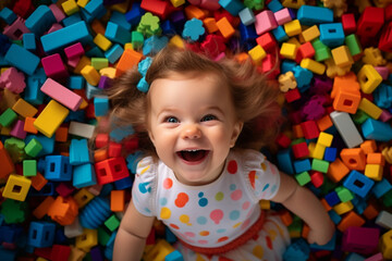 Fototapeta na wymiar laughing baby fallen on bright soft toy cubes,top view,