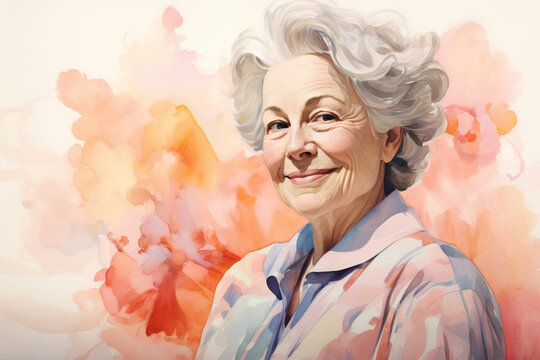 watercolor portrait of an elegant elderly lady in pastel colors, depicting a beautiful and cheerful old age, the concept of women's day, mother's day and grandmother's day