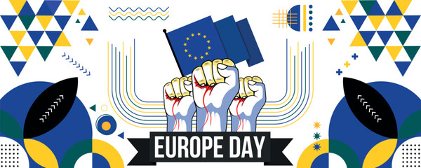 Europe national or independence day banner design for European celebration. Flag of European Union with modern retro design and abstract geometric icons. Vector illustration