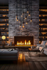 fireplace lit in modern living room