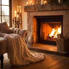 Intimate Living Room Nook with Roaring Fireplace and Hand-Knit Stockings
