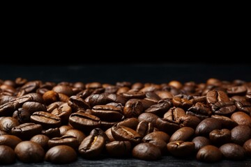Coffee beans on dark background, focused, empty space. Generative AI