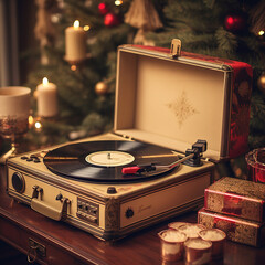 Nostalgic Old-Fashioned Christmas with Record Player and Sepia-Toned Elements