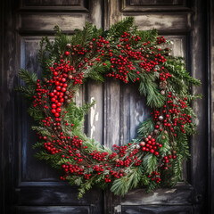 Fototapeta na wymiar Textured Christmas Wreath with Red Berries and Pine Needles on Rustic Door