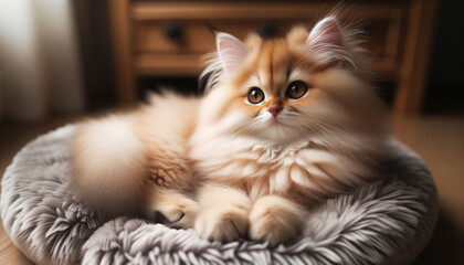 A photo of a dainty orange feline, its fur ruffled and soft, lounging on a plush bed, enjoying a moment of tranquility