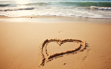 Corazón dibujado en la arena al atardecer en una playa paradisiaca.