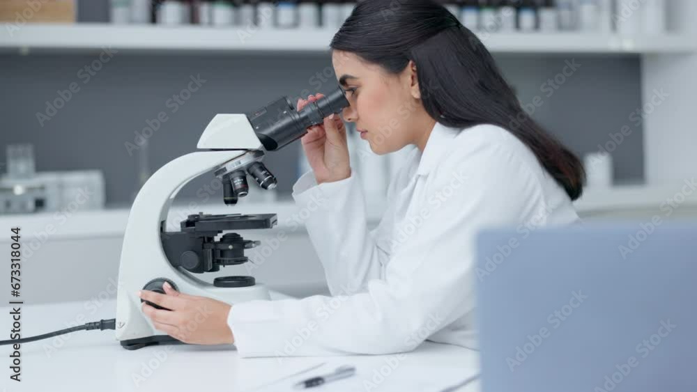 Poster Laboratory scientist looking into a microscope to examine a sample on a slide. Biochemist engineer searching for breakthrough virus cure through medical research and writing discovery on clipboard