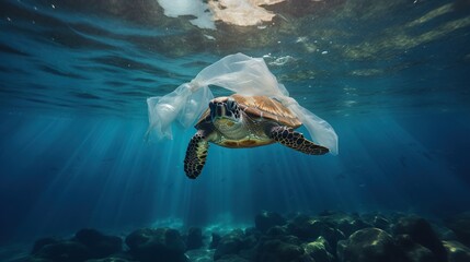 turtle and fish swimming by polluted waters with plastic trash and garbage, ecology disaster and damage concept, underwater