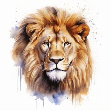 lion head , animal, watercolor illustration isolated on white background, Generative AI