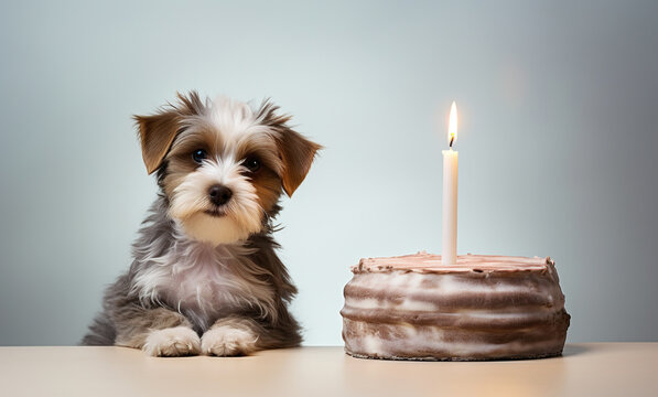 cute and funnydog celebrate happy birthday by cake with candles