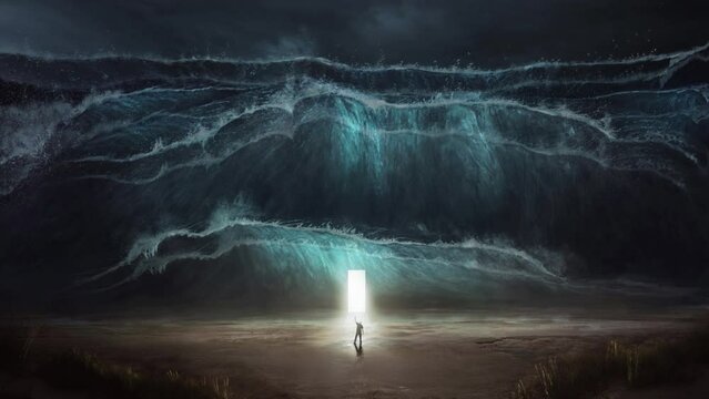 Man Approaching Open Door Of Light At Giant Ocean Waves 4K Christian Worship Video Background Motion Loop Religious Landscape Church Footage Backdrop Wallpaper For Christianity