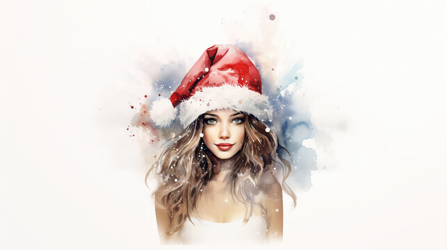 watercolor art background, girl in santa claus hat