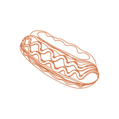 Hot dog with juicy beef sausage, seasoned with excellent ketchup and mayonnaise, fast food, kitchen, isolated, vector, illustration, line art white background, sausage, kitchen