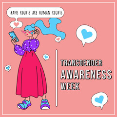 Transgender Awareness week. Square banner template for social media post. Human character with phone receives message Trans rights are human rights. Playful cheerful design. Modern vector illustration