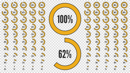 Big percent collection for user interface UI or business infographic. Set of icon for infographic. Percentage circle diagrams from 0 to 100. Black and orange shapes. Vector illustration.