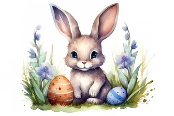 Adorable Watercolor Easter Bunny in Cartoon Style