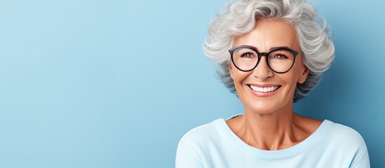 An aging female with spectacles on her face and grasping a tablet device - obrazy, fototapety, plakaty