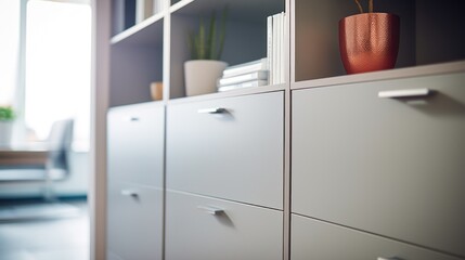 A white cabinet with drawers and a vase on it, AI