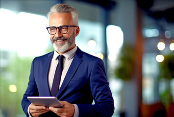 PORTRAIT OF A HAPPY SMILING MATURE BUSINESSMAN AGAINST OFFICE BACKGROUND. legal AI