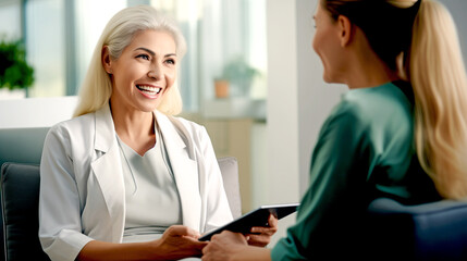 Fototapeta premium WOMAN DOCTOR TALKING WITH PATIENT USING TABLET. legal AI