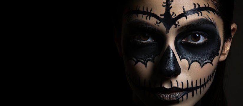 A girl in dark attire with half of her face painted like a skull
