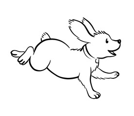 Running dog. Cute cocker spaniel with big ears. Funny domestic puppy. Cartoon black and white illustration Hand drawn sketch line