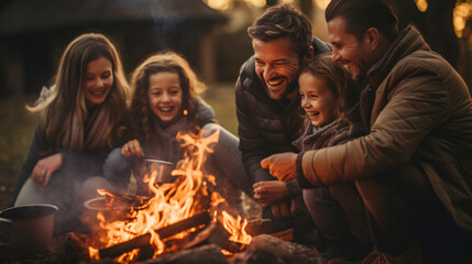 Blended family of a couple of men and three girls, happy, laughing and having fun, around a campfire at a campsite in the woods at sunset. - obrazy, fototapety, plakaty