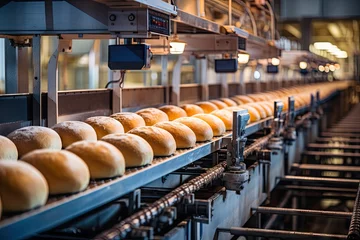 Schilderijen op glas Bread loafs on a bakery s automated conveyor © The Big L