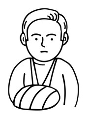 Man with a cast on a broken arm. Gypsum bandage. Medical care, treatment and rehabilitation. Help with trauma. Cartoon vector illustration. Black and white sketch. Hand drawn ink line