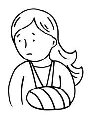 Woman with a cast on a broken arm. Gypsum bandage. Medical care, treatment and rehabilitation. Help with trauma. Cartoon vector illustration. Black and white sketch. Hand drawn line